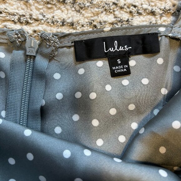LULUS "Spot in My Heart Sage Grey Polka Dot Satin Cowl Neck Mini Dress" - Picture 3 of 3